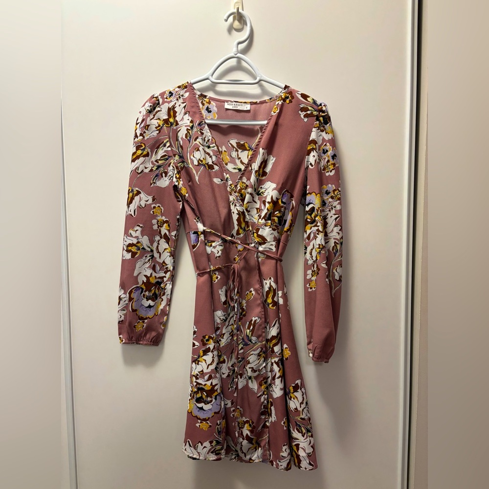 Miss Kelly mauve floral faux-wrap dress